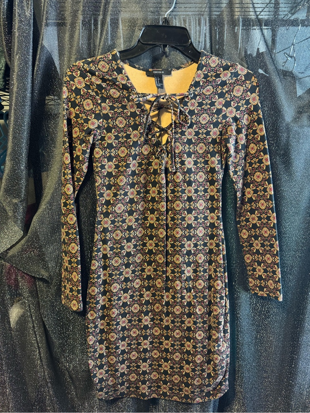 Forever 21 Black Velvet Lace-Up Long Sleeve Medallion Dress